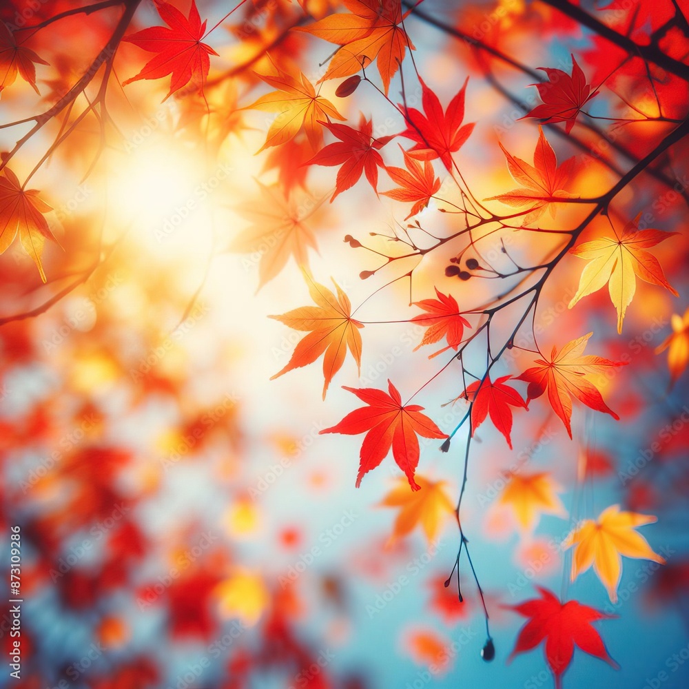 Autumn background with orange and red maple leaves on a sunny day
