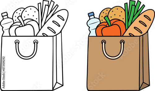 Cartoon Paper Bag of Groceries / Food Clipart Illustration Set - Outline and Color