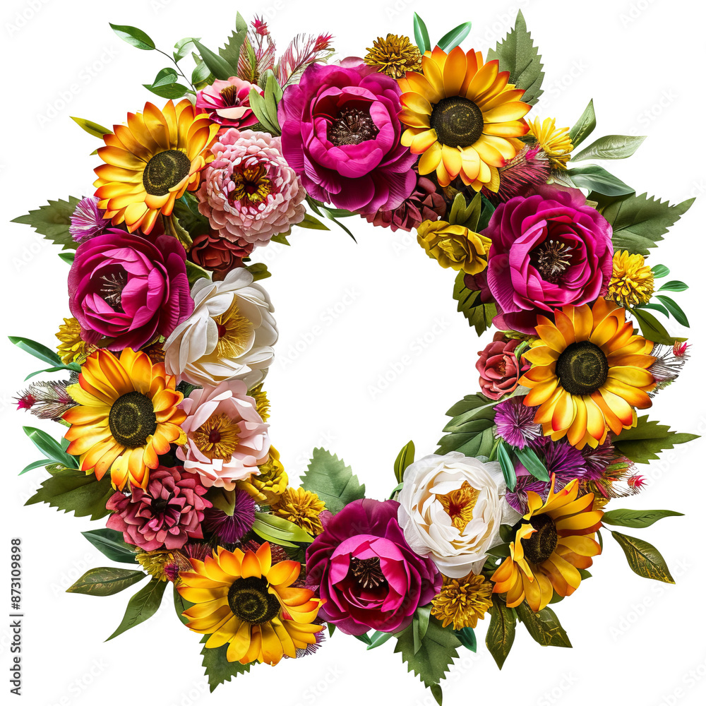 Naklejka premium Beautiful floral wreath with vibrant sunflowers, roses, and greenery, perfect for seasonal and decorative purposes.