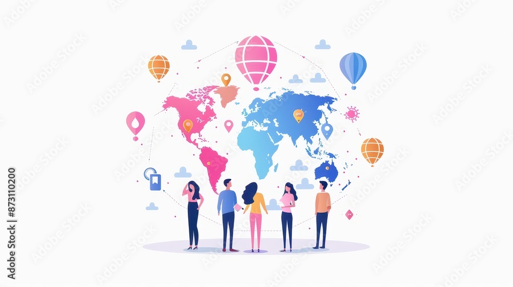 Illustration of diverse people connected globally with map and icons representing communication and globalization. Illustration of diverse people connected globally with map and icons representing communication and globalization.