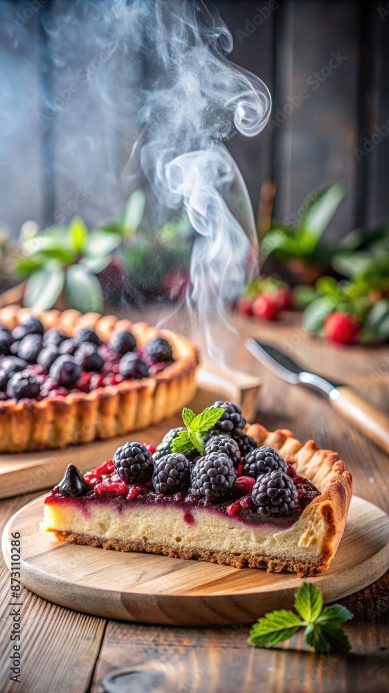  Freshly baked hot berry pie, steamed berry pie, delicious, soft and mouthwatering, homemade baking concept for a background cafe