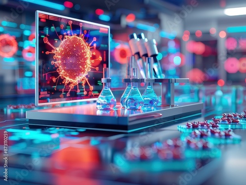 High-tech laboratory with scientific equipment, virus illustration on screen, and test tubes for research and analysis under neon lighting.