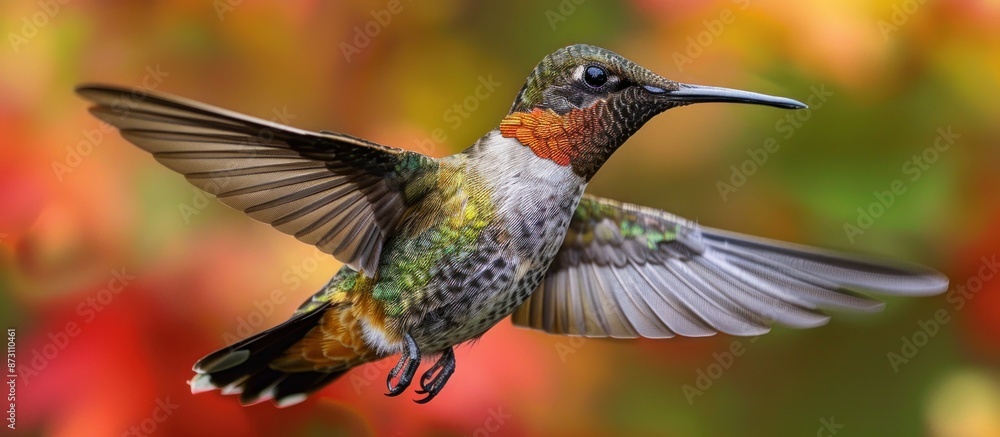Fototapeta premium Hummingbird in Flight Against a Blurry Autumn Background