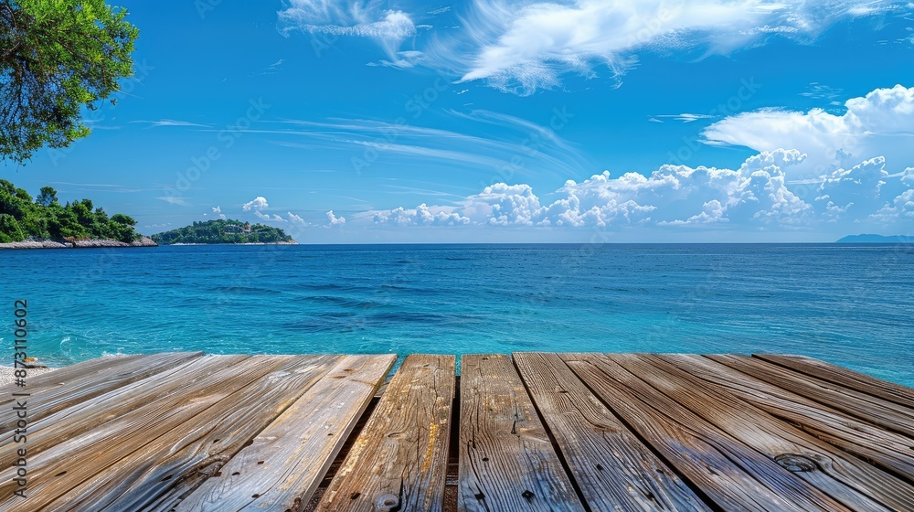 Fototapeta premium Wooden table on the background of the sea, island and the blue sky