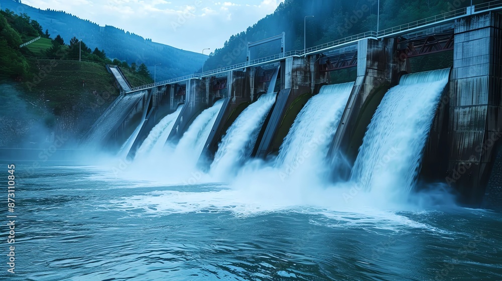 hydroelectric dam with water rushing through, generating clean energy for the community hydroelectric dam with water rushing through, generating clean energy for the community
