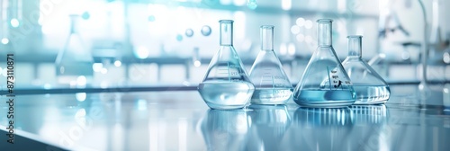 Laboratory glassware filled with blue liquid on a reflective surface. Concept of science, healthcare, and medical research.