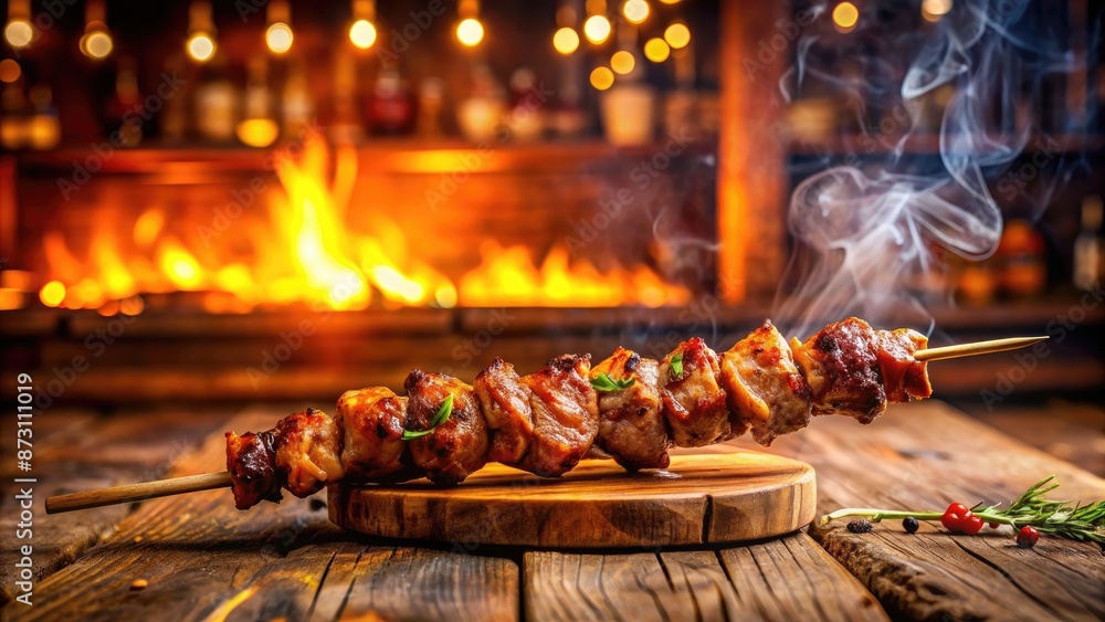 Obraz premium juicy pieces of barbecue with smoke on a wooden background