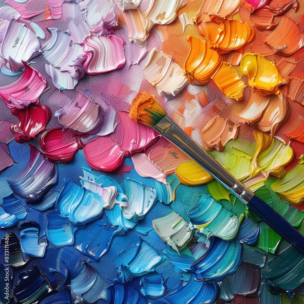 Colorful oil paint palette with a brush displaying various vibrant hues and textures, perfect for art and creativity concepts. Colorful oil paint palette with a brush displaying various vibrant hues and textures, perfect for art and creativity concepts.