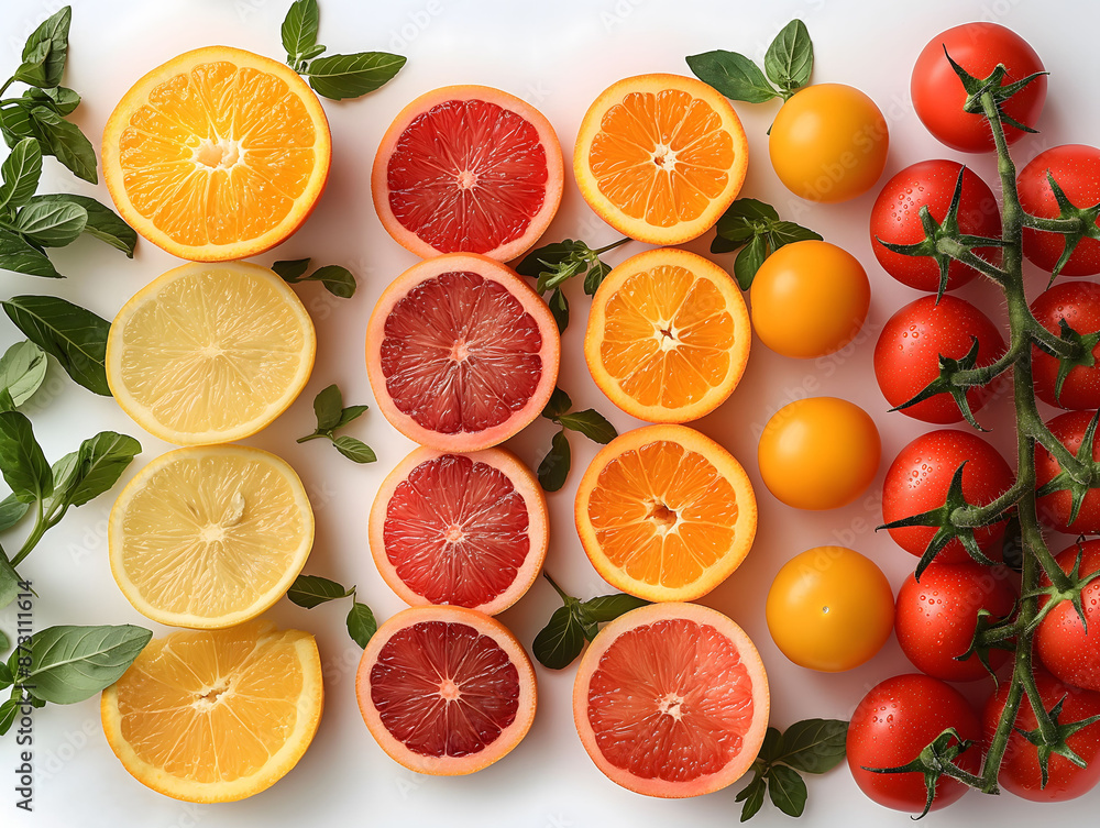 Colorful Citrus Fruits and Tomatoes with Fresh Basil Leaves Colorful Citrus Fruits and Tomatoes with Fresh Basil Leaves