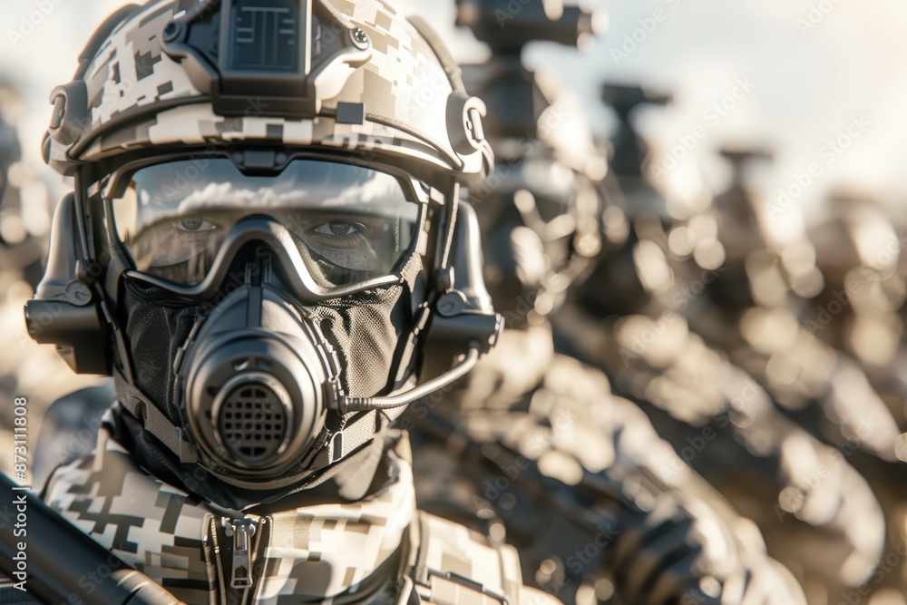 Close-up of soldiers in camouflage and gas masks, ready for action. Military team equipped for extreme conditions and scenarios. Close-up of soldiers in camouflage and gas masks, ready for action. Military team equipped for extreme conditions and scenarios.
