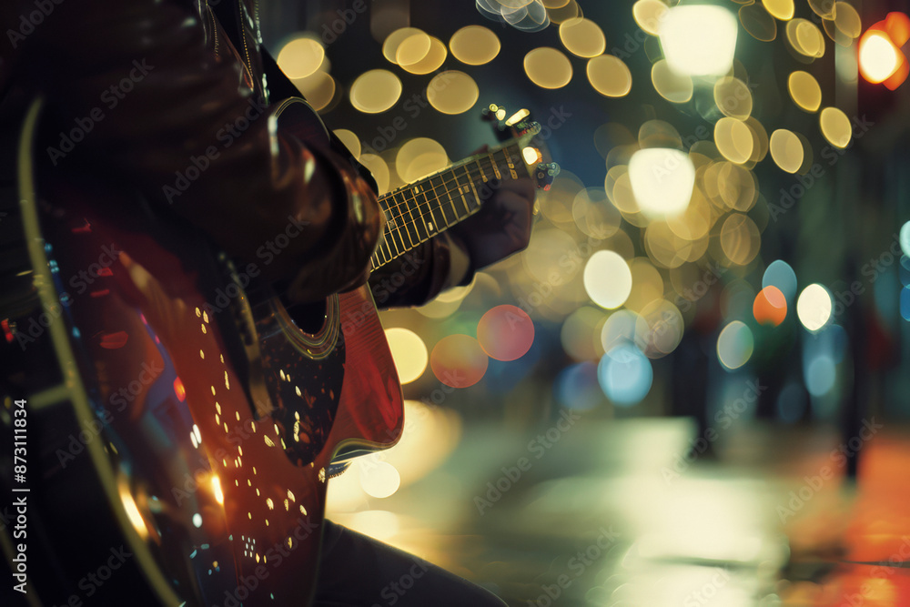 Fototapeta premium Street performer plays guitar at night - shallow focus with blur background