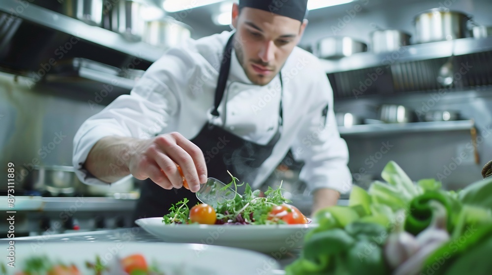 Chef Finishing a Salad Dish in a Restaurant Kitchen Chef Finishing a Salad Dish in a Restaurant Kitchen
