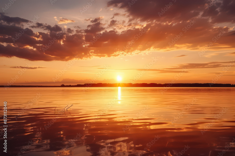 Tranquil Sunset Over a Calm Lake with Vibrant Colors Reflected on the Water Surface Tranquil Sunset Over a Calm Lake with Vibrant Colors Reflected on the Water Surface