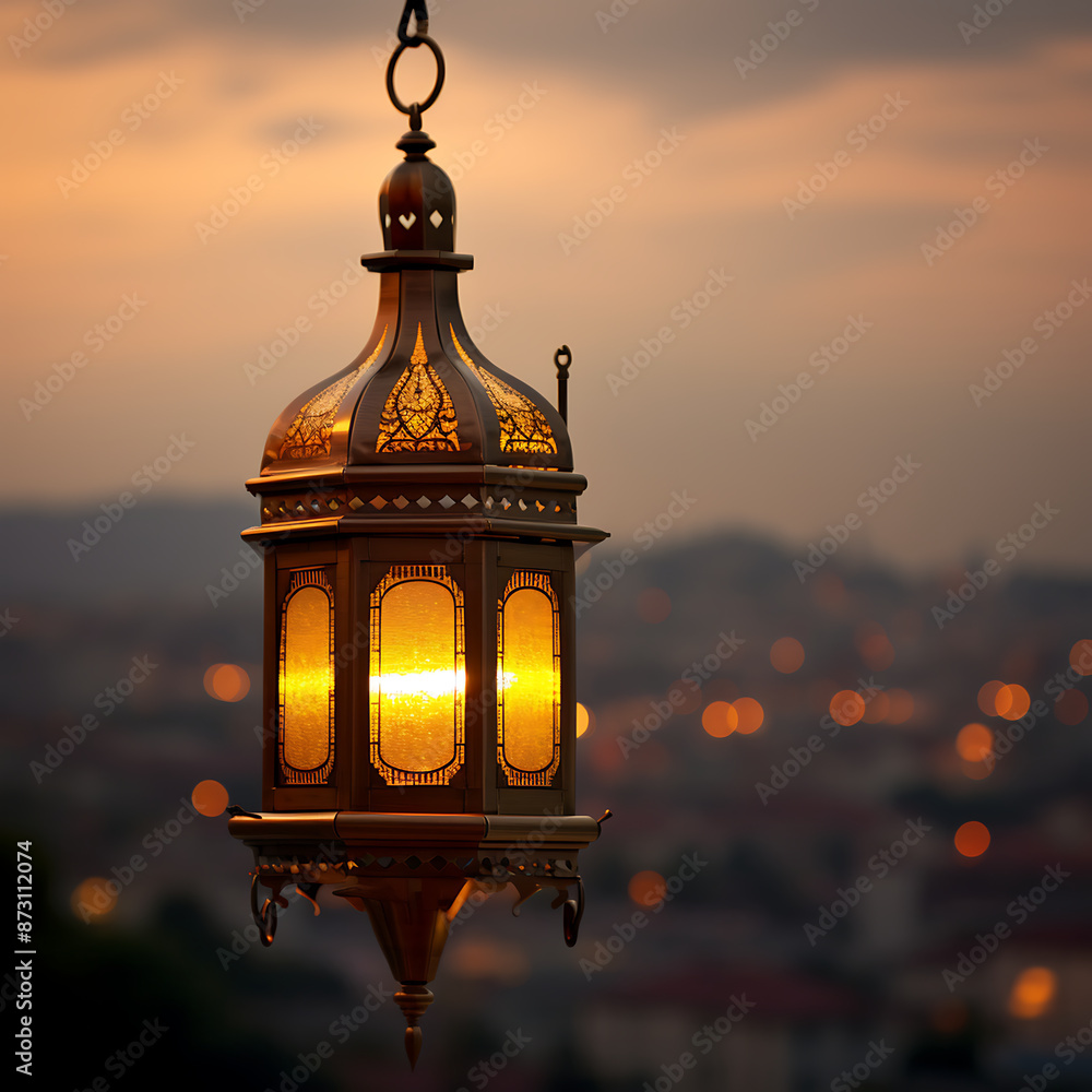 Lantern on the window at sunset, Ramadan Kareem background Lantern on the window at sunset, Ramadan Kareem background