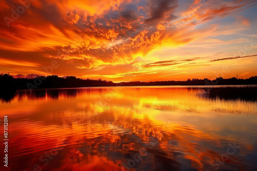 Tranquil Sunset Over a Calm Lake with Vibrant Colors Reflected on the Water Surface
