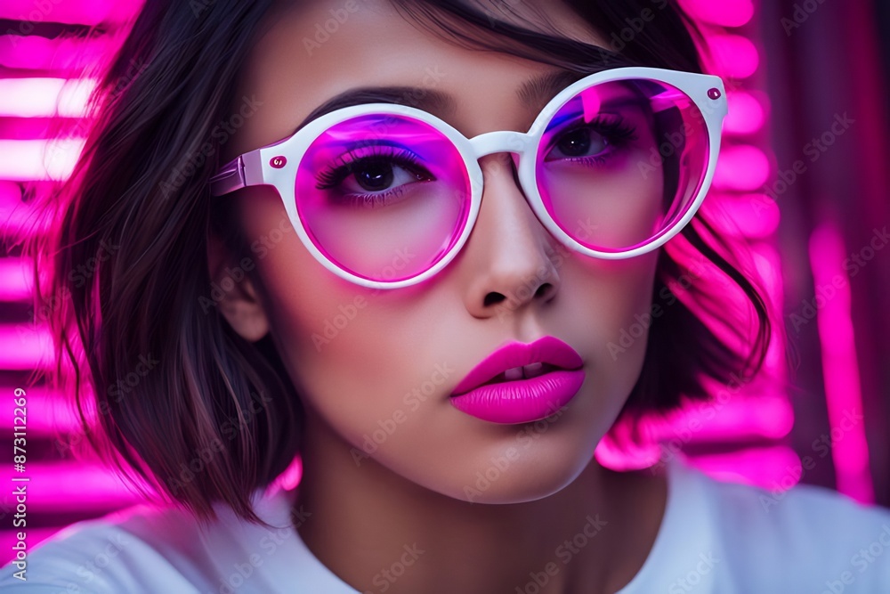 Close-up of a girl in huge round glasses image of perfection in a distinctive neon colour scheme Close-up of a girl in huge round glasses image of perfection in a distinctive neon colour scheme