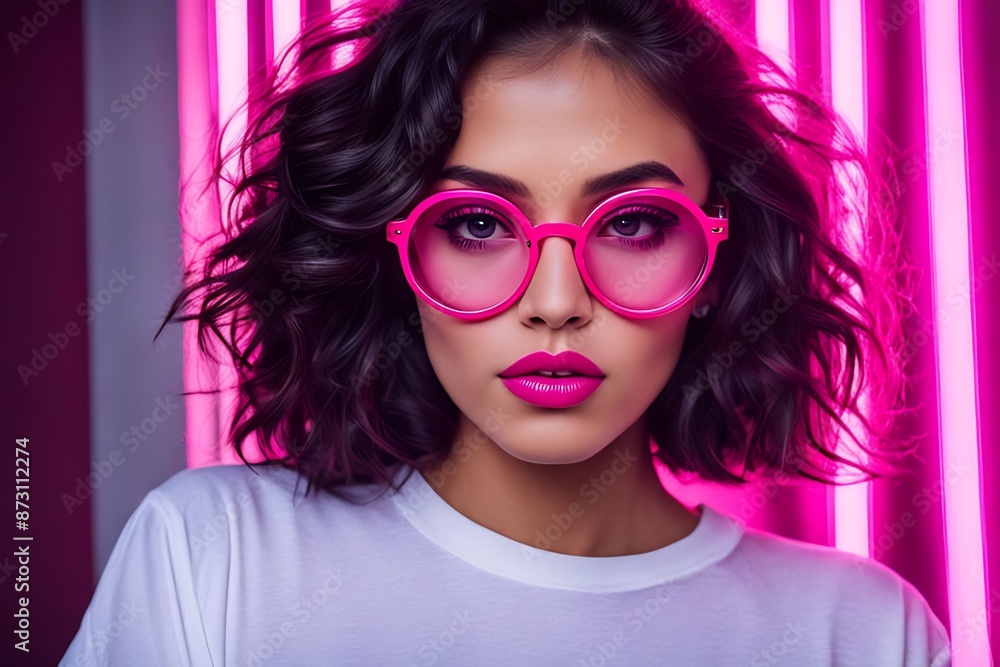 Close-up of a girl in huge round glasses image of perfection in a distinctive neon colour scheme Close-up of a girl in huge round glasses image of perfection in a distinctive neon colour scheme