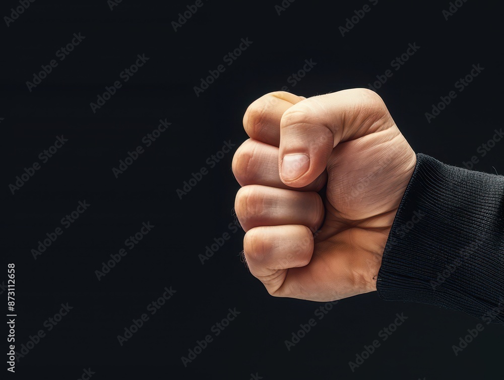 Close-up of a clenched fist against a black background, symbolizing strength, power, and determination. Close-up of a clenched fist against a black background, symbolizing strength, power, and determination.