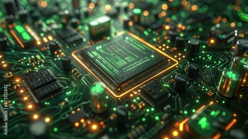 Closeup of a Circuit Board with Glowing Components