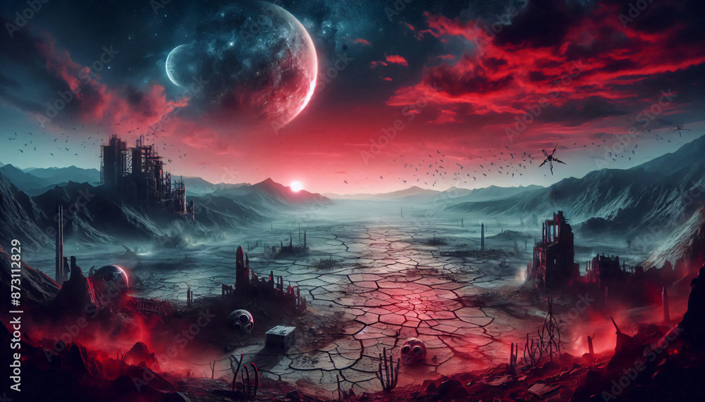 landscape with clouds and moon under a reddened sky landscape with clouds and moon under a reddened sky