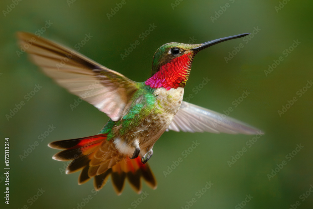 Fototapeta premium hummingbird in flight, capturing the vibrant colors of its feathers and rapid wing movement