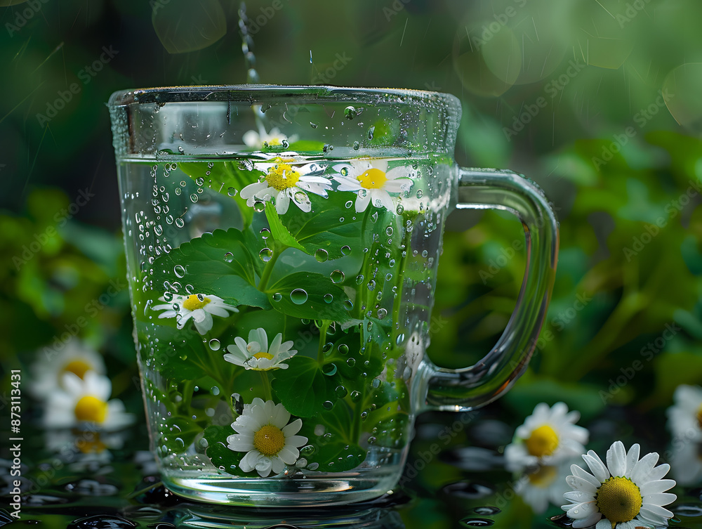 Field chamomile flowers in clear water in a glass. Neural network AI generated art Field chamomile flowers in clear water in a glass. Neural network AI generated art