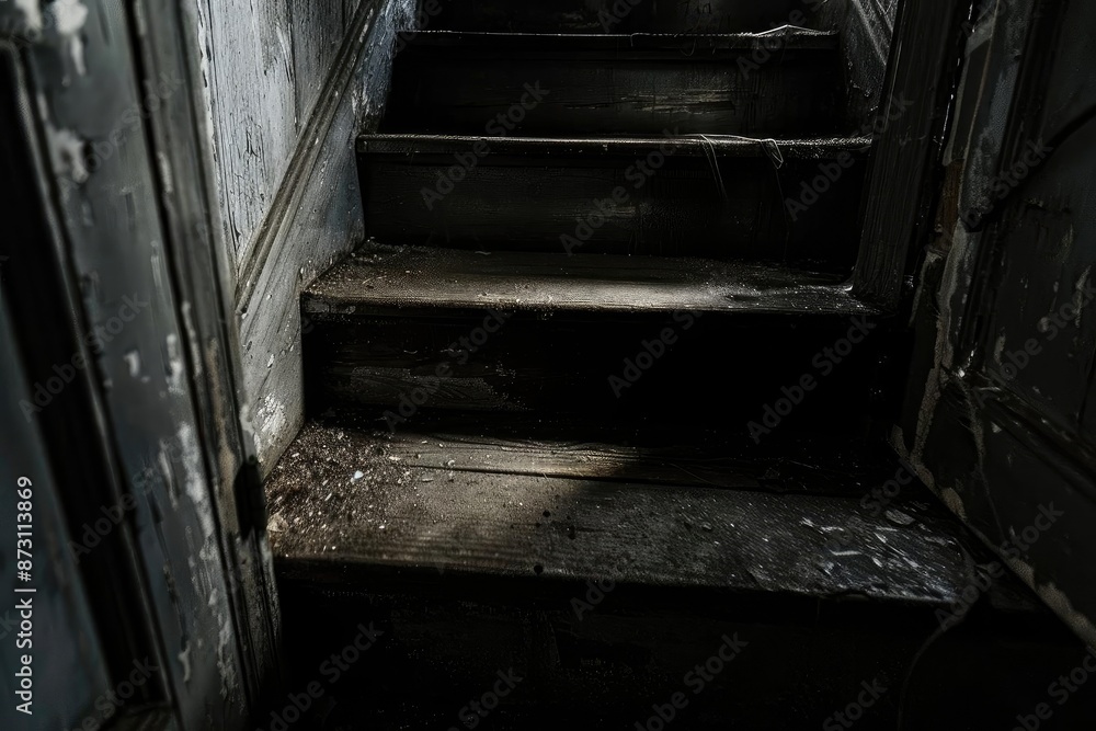 Dimly lit, old wooden staircase with peeling paint and debris, suggesting a neglected or abandoned space. Dimly lit, old wooden staircase with peeling paint and debris, suggesting a neglected or abandoned space.