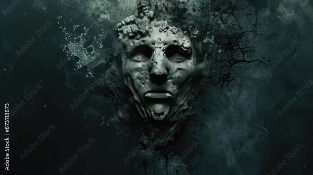 Eerie artistic depiction of a human face emerging from a dark, textured background, evoking a haunting and surreal atmosphere. Eerie artistic depiction of a human face emerging from a dark, textured background, evoking a haunting and surreal atmosphere.
