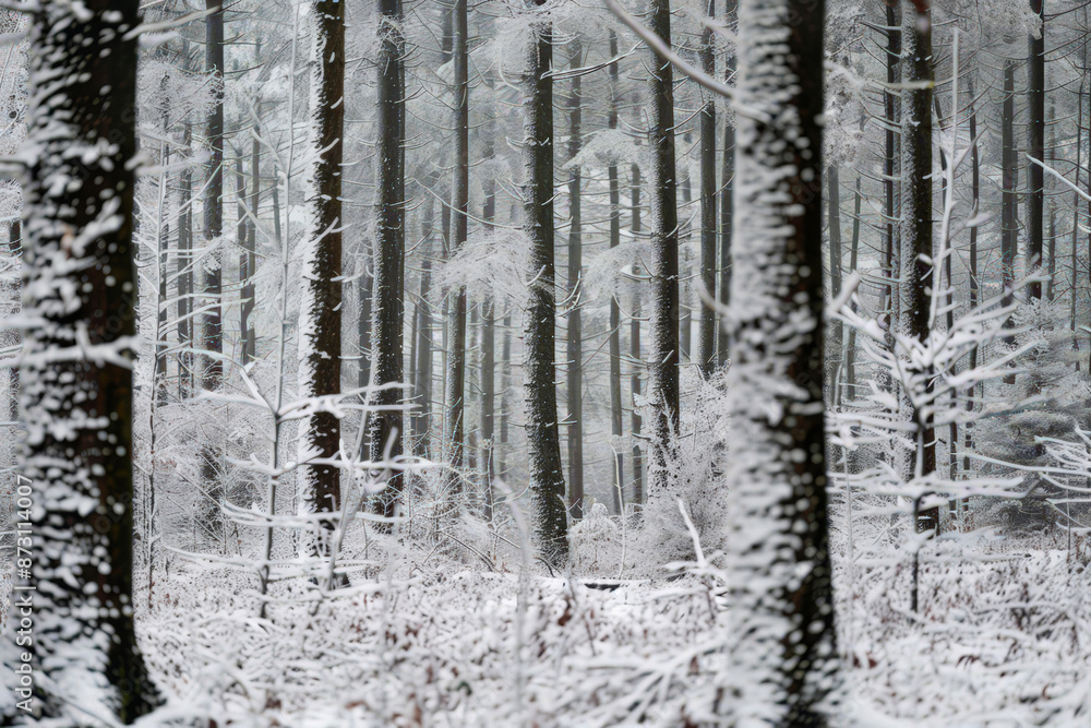 snowy forest during winter, with individual snowflakes and frost-covered branches snowy forest during winter, with individual snowflakes and frost-covered branches