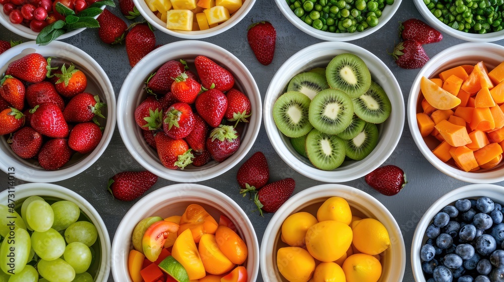 An array of fresh fruits, including strawberries, kiwis, blueberries, and more, beautifully arranged in white bowls, showcasing a vibrant and healthy assortment An array of fresh fruits, including strawberries, kiwis, blueberries, and more, beautifully arranged in white bowls, showcasing a vibrant and healthy assortment