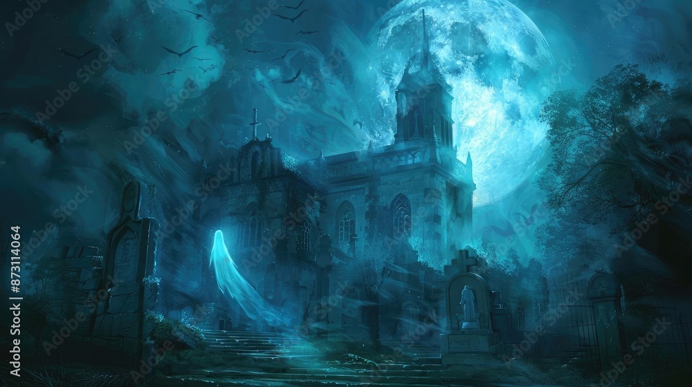 Eerie haunted mansion under a full moon, enveloped in mist and spooky atmosphere, with ghostly figures and bats flying around. Eerie haunted mansion under a full moon, enveloped in mist and spooky atmosphere, with ghostly figures and bats flying around.