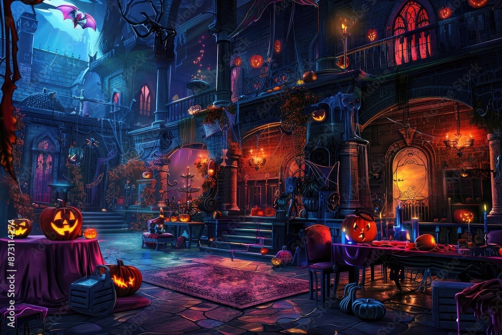Fototapeta premium Spooky haunted mansion decorated for Halloween with glowing jack-o'-lanterns, eerie lighting, and a mysterious, festive atmosphere at night.