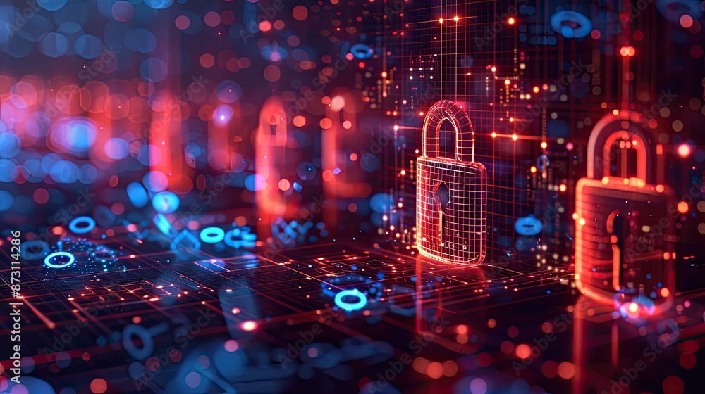 A vibrant digital illustration depicting a cybersecurity concept with glowing locks and a futuristic network background A vibrant digital illustration depicting a cybersecurity concept with glowing locks and a futuristic network background