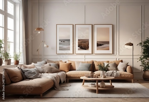 Frame mockup, ISO A paper size. Living room poster mockup. Interior mockup with house white background. Modern interior design. 3D render