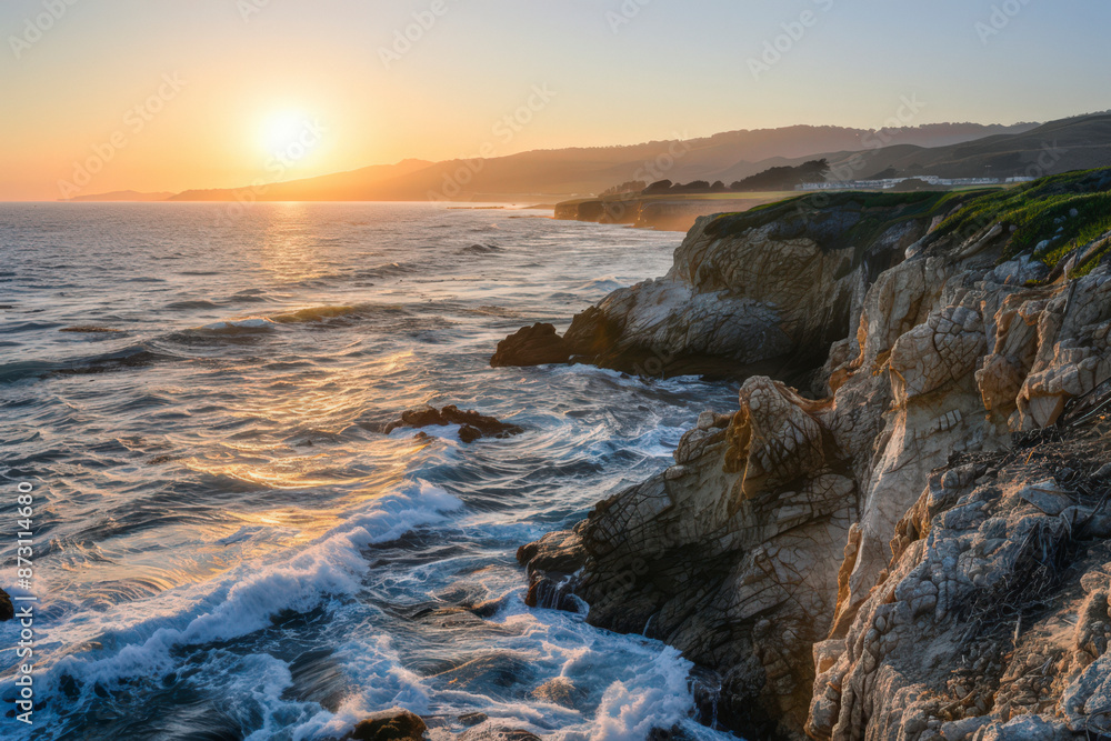 Stunning aerial view of a rugged coastline at sunset. The coastline has rocky cliffs and crashing waves Stunning aerial view of a rugged coastline at sunset. The coastline has rocky cliffs and crashing waves