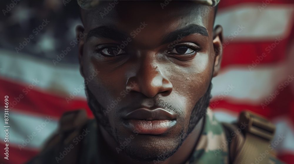 Brave African American Soldier in Uniform Standing Proudly Against American Flag on Veterans Day Brave African American Soldier in Uniform Standing Proudly Against American Flag on Veterans Day