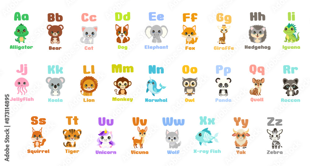 A bunch of animals are shown in alphabetical order. The animals include a bear, a cat, a dog, a fish, a frog, a giraffe, a kangaroo, a koala, a lion, a monkey A bunch of animals are shown in alphabetical order. The animals include a bear, a cat, a dog, a fish, a frog, a giraffe, a kangaroo, a koala, a lion, a monkey