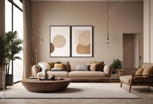 Frame mockup, ISO A paper size. Living room poster mockup. Interior mockup with house white background. Modern interior design. 3D render