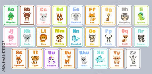 A collection of alphabet cards featuring animals. The cards are arranged in alphabetical order, with each letter having a different animal. The animals include a bear, cat, dog, giraffe