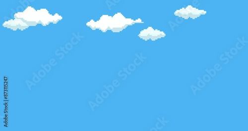 Animation of old style pixel game. Pixel art game background. Ground, grass, sky, tree, clouds and stars. Pixel art Game Design 8 bit video vector. Old school background for game.	