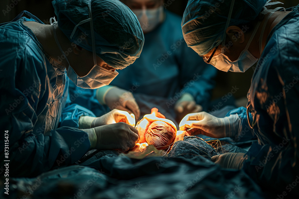 A team of skilled surgeons is deeply focused while performing a critical surgical procedure in a hospital operating room. A team of skilled surgeons is deeply focused while performing a critical surgical procedure in a hospital operating room.