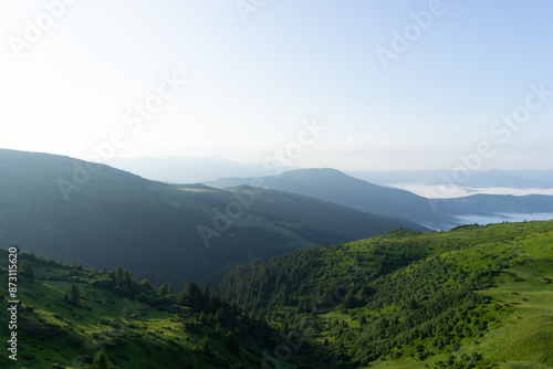 landscape sky forest in the mountains on a sunny summer day mountain silhouettes, fog, wallpaper, poster, cover, nature of the Carpathian mountains, green, natural beauty, vacation, outdoor activities