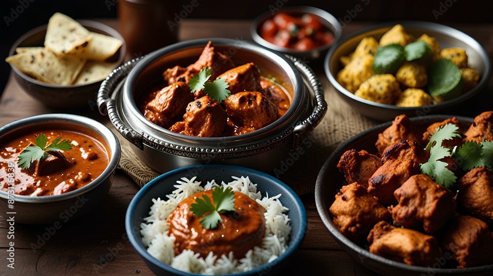 indian food feast with chicken tikka masala curry. indian food feast with chicken tikka masala curry.