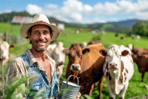 Happy Farmer, Smiling man with cows in a green pasture, Rural Life