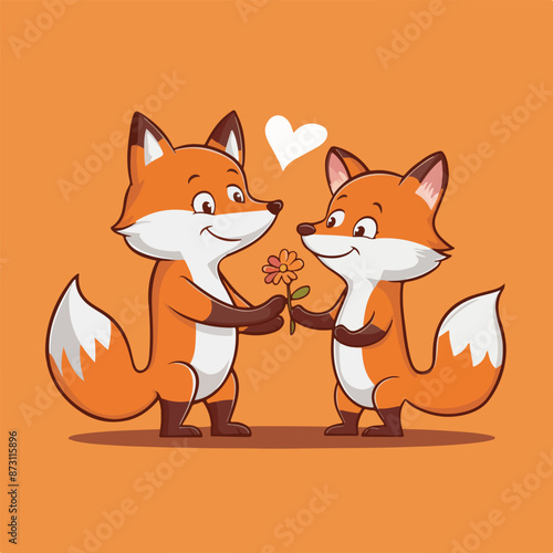 Cartoon illustration of a fox proposing to another fox with flowers