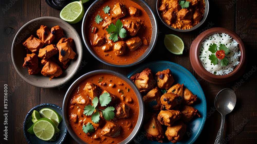 indian food feast with chicken tikka masala curry. indian food feast with chicken tikka masala curry.