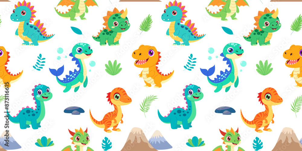 A colorful pattern of dinosaurs with some of them smiling. The background features a mountain and a tree A colorful pattern of dinosaurs with some of them smiling. The background features a mountain and a tree