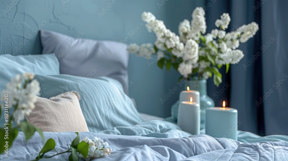 A cozy corner in a periwinkle blue bedroom, with a bed adorned with light blue bedding. The focus is on a vase with white lilacs and two candles, creating A cozy corner in a periwinkle blue bedroom, with a bed adorned with light blue bedding. The focus is on a vase with white lilacs and two candles, creating