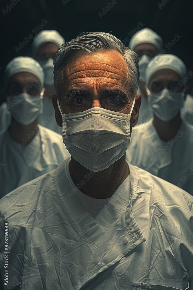 Design an illustration of a surgeon's mask and face in front; with an operating room background; medical equipment behind his head; bright surgical lights around; the surgeon facing the camera; Design an illustration of a surgeon's mask and face in front; with an operating room background; medical equipment behind his head; bright surgical lights around; the surgeon facing the camera;