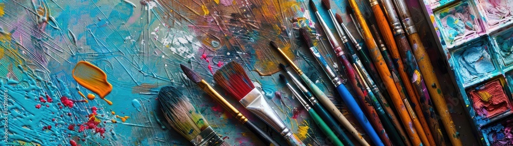 Fototapeta premium Vibrant paintbrushes and colorful palette on a textured canvas, capturing the essence of artistic creativity and expression.